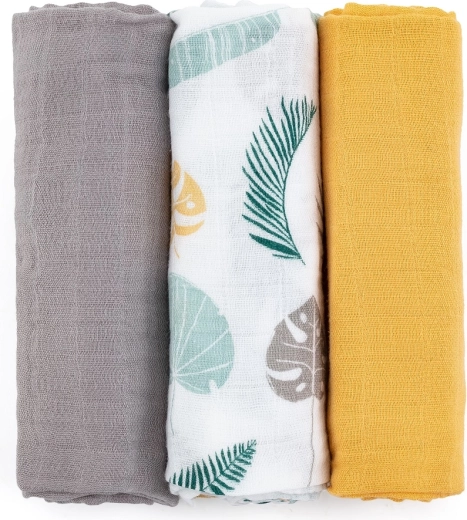 Petite&Mars set di pannolini in mussola di bambù Moussy Ochre Leaves 3 pz 68 × 68 cm