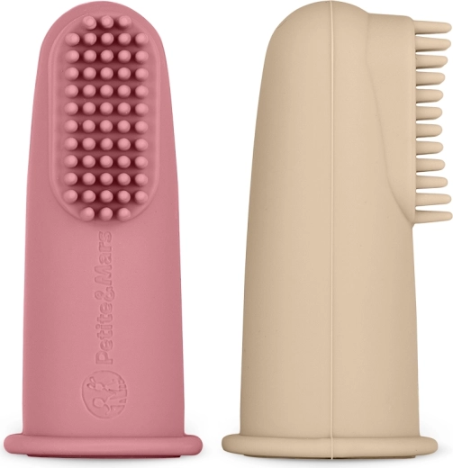Set di spazzolini in silicone da dito per bebè PETITE&MARS, rosa e sabbia, 2 pz
