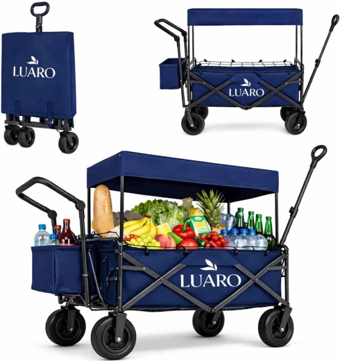 Carrello pieghevole da spiaggia e trekking con tettoia LUARO, blu navy