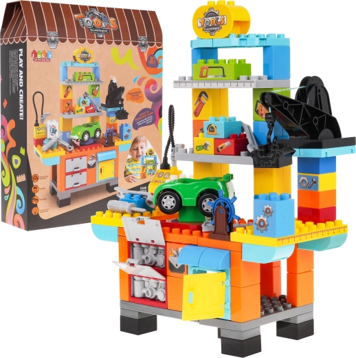 Kit da costruzione officina per bambini 3+ con macchinina, attrezzi e compressore, 92 pezzi