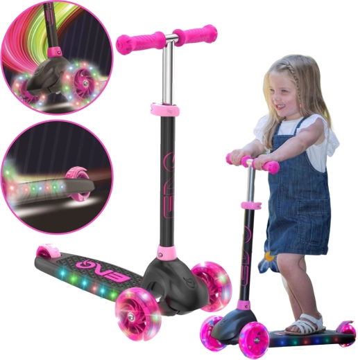 EVO Eclipse monopattino a tre ruote per bambini con ruote LED e telaio illuminato – rosa