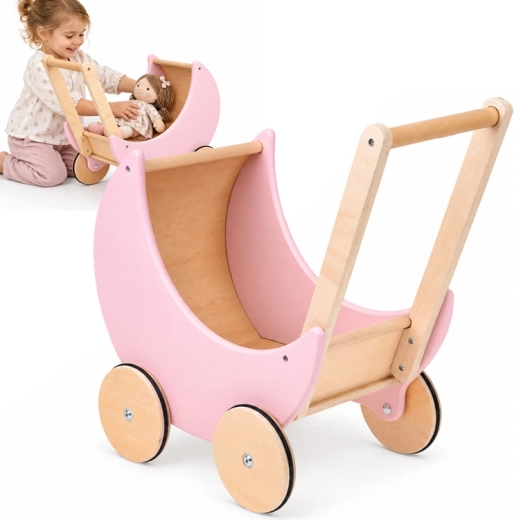 Carrozzina retrò in legno per bambole color rosa cipria