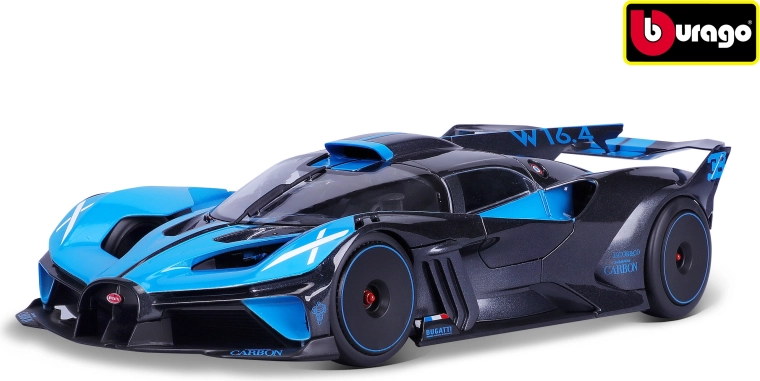 Modello di auto Bugatti Bolide in scala 1:18, nero metallizzato e blu