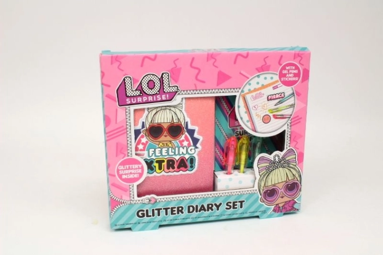 Diario glitter L.O.L. con set di penne gel e adesivi