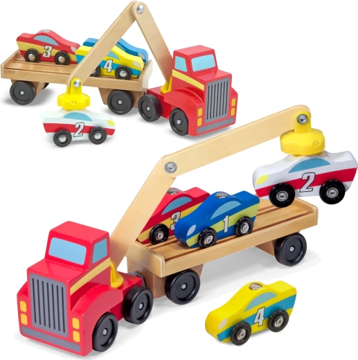 Melissa & Doug carro attrezzi in legno con gru magnetica e macchinine