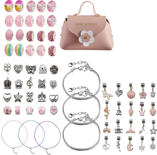 Set per creare gioielli e braccialetti con ciondoli in tonalità rosa + beauty case (66 pezzi)