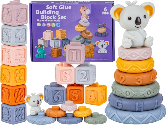 Cubi sensoriali morbidi in silicone e torre impilabile con numeri e forme con koala