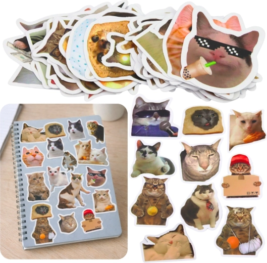 Sticker gatti meme – set 50 pz, 7–8 cm