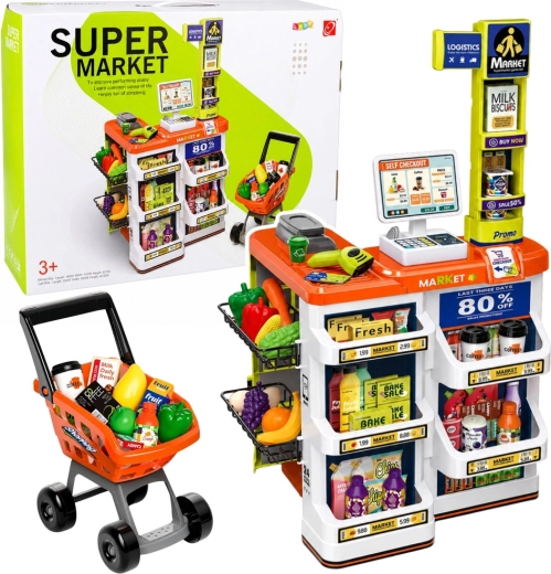 Supermercato per bambini con cassa, scanner e carrello della spesa (circa 60 pezzi)