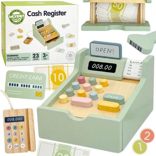 Registratore di cassa educativo in legno Woopie Green con accessori