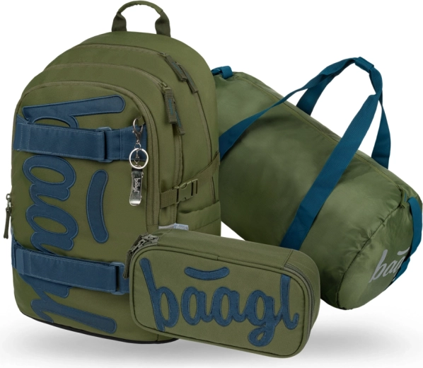 Baagl set 3 Skate Olive – zaino scolastico, astuccio e borsa sportiva pieghevole GRS