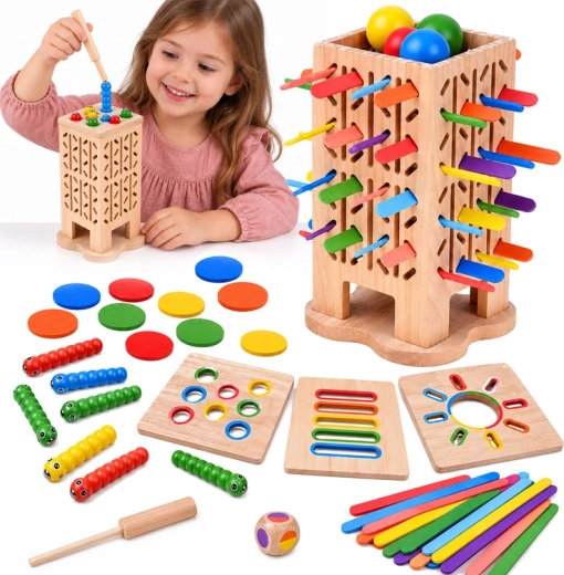 Gioco educativo in legno 5 in 1 con torre, palline e bastoncini