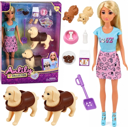 Set di bambola Anlily con due cagnolini e accessori per la cura degli animali 30 cm