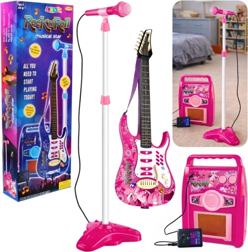 Chitarra elettrica rosa per bambini con microfono e amplificatore