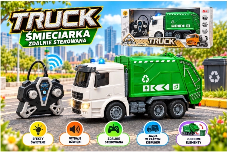 Camion della spazzatura radiocomandato con luci e caricabatterie