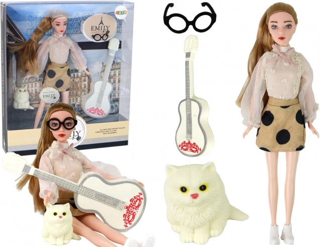 Bambola Emily con chitarra, occhiali e gattino