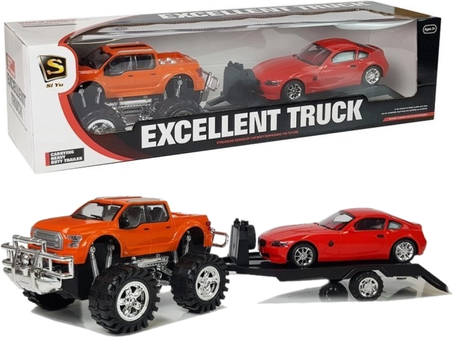 Set di veicoli: monster truck arancione con rimorchio di traino e auto sportiva rossa 58 cm