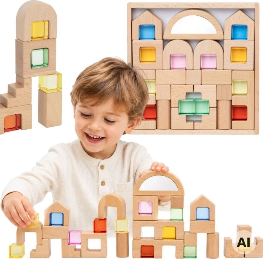 Viga blocchi da costruzione in legno con finestrelle colorate 32 pz