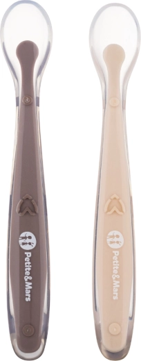 Petite&Mars cucchiaini in silicone con custodia da viaggio Take&Match sand cocoa, 2 pz