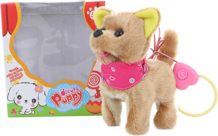 Cagnolino di peluche con fazzoletto al guinzaglio, cammina e abbaia, 16 cm