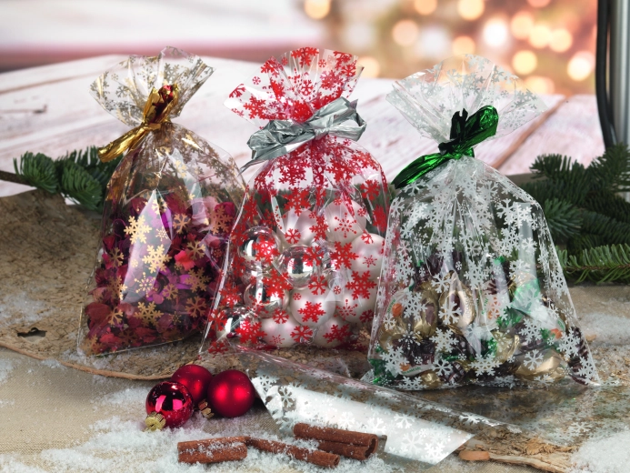 Sacchetto di cellophane 20 × 32 cm con motivo di fiocchi di neve, trasparente