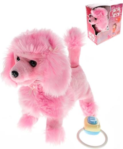 Cagnolino barboncino di peluche rosa al guinzaglio con suono 23 cm