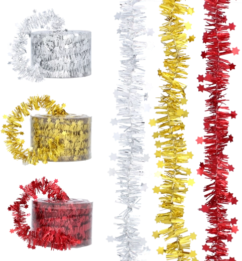 Ghirlanda natalizia a frange con stelline 7 m – rossa, dorata e argento