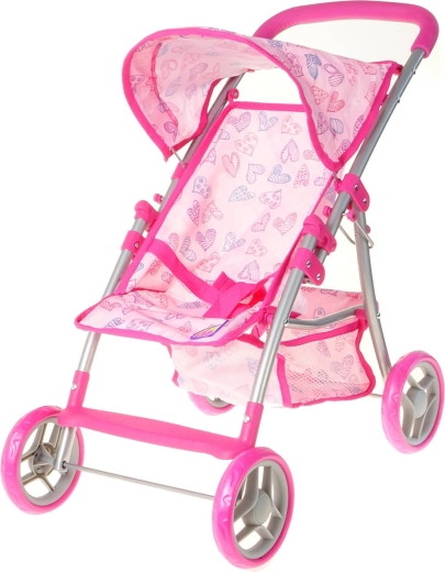 Passeggino a ombrello per bambola rosa con cuoricini e cestino
