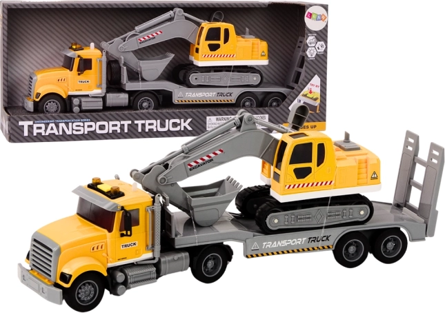 Camion giallo con escavatore cingolato con luci e suoni