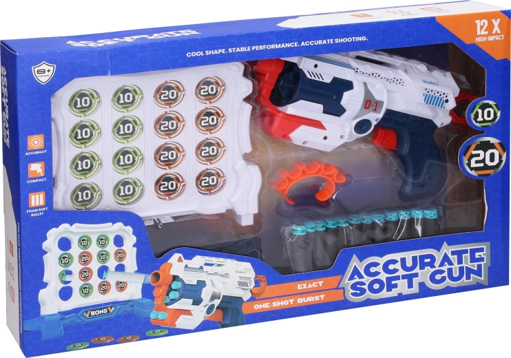 Pistola con proiettili in schiuma e bersaglio da 25 cm