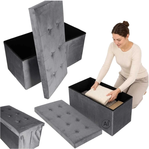 Pouf pieghevole in velluto con vano contenitore grigio 77 × 38 × 37 cm