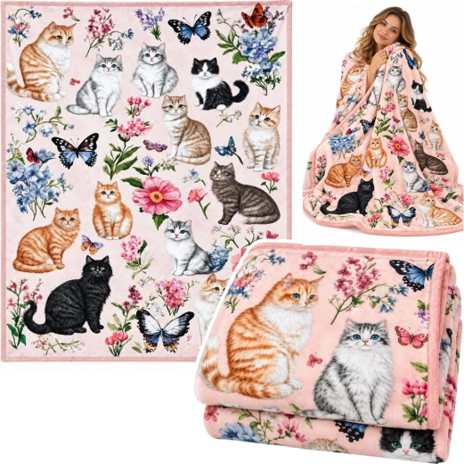 Morbida coperta decorativa con gatti, fiori e farfalle 150 × 100 cm