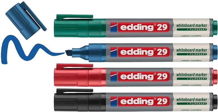 Pennarelli per lavagne bianche EDDING 29, set da 4 pezzi, colori base