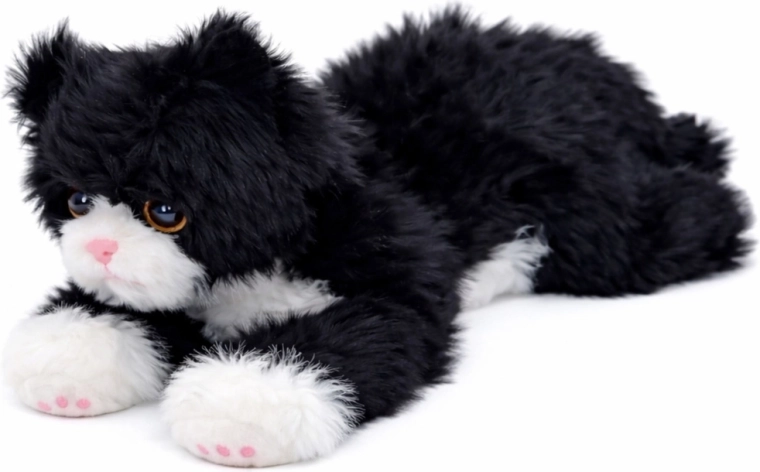 Gatto di peluche sdraiato bianco‑nero 38 cm