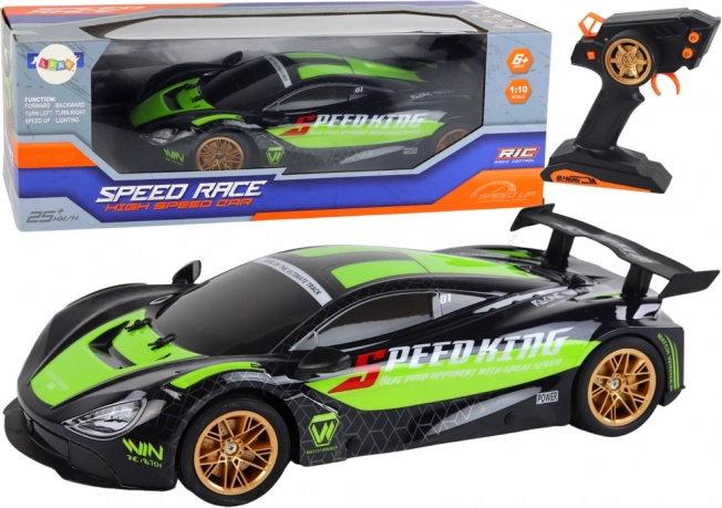 auto sportivo RC 1:10 verde‑nero con LED e 2,4 GHz