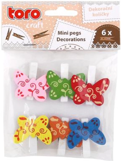 Mollette decorative in legno con farfalline, 6 pz