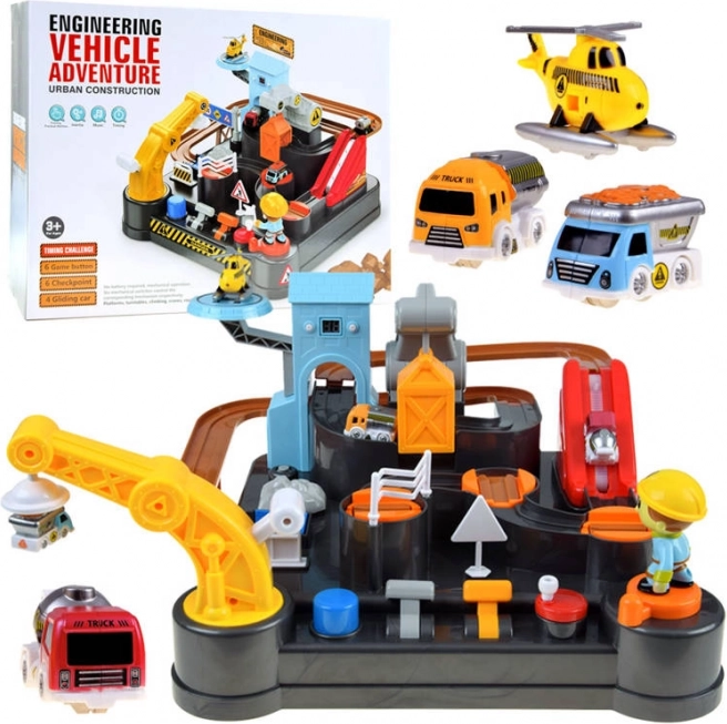Pista di costruzione meccanica con macchinine ed elicottero