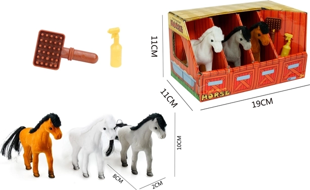 Tre pony nella stalla con accessori