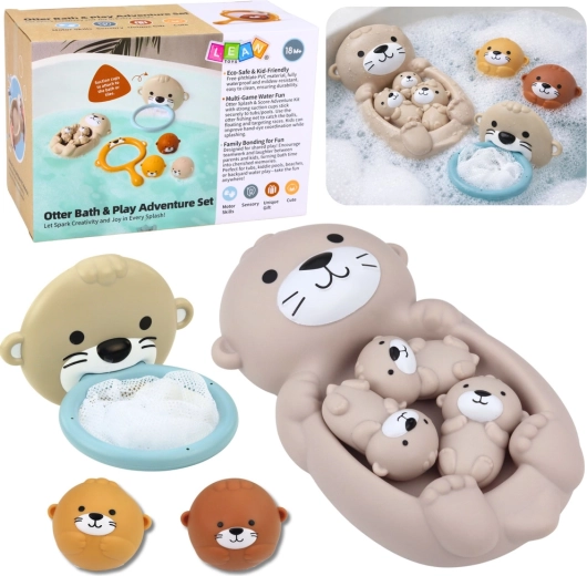 Set di giochi da bagno famiglia di lontre con cestino e palline, 7 pezzi