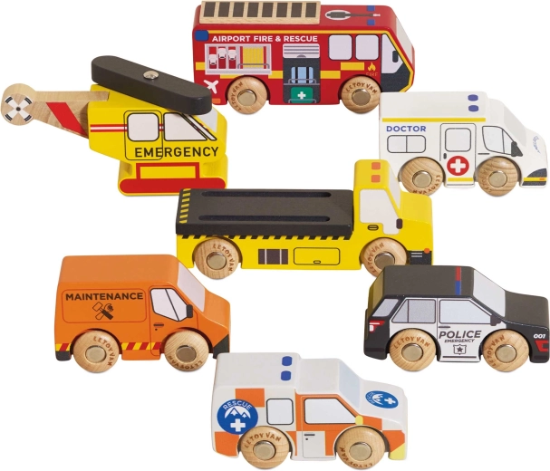 Le Toy Van set in legno di veicoli di soccorso con elicottero