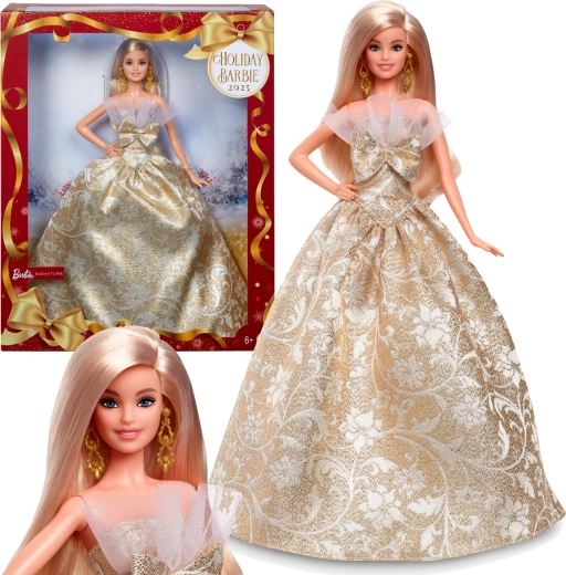 Bambola da collezione Barbie Signature Holiday Joyeux Noel con abito dorato