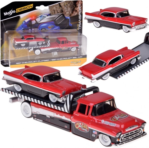 Set in metallo Maisto 1:64 – carro attrezzi CHEVROLET Flatbed 1957 e CHEVROLET Bel Air