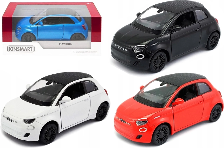 Modellino Kinsmart Fiat 500e in metallo 1:28 con meccanismo a retrocarica