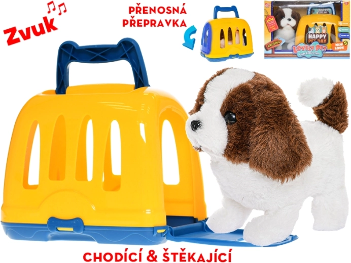 Cagnolino di peluche nel trasportino, cammina e abbaia, 19 cm