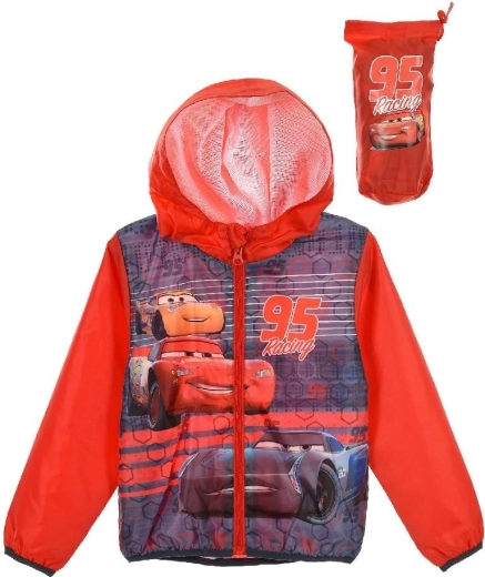 Giacca a vento per bambini Cars con cappuccio e sacca, rossa