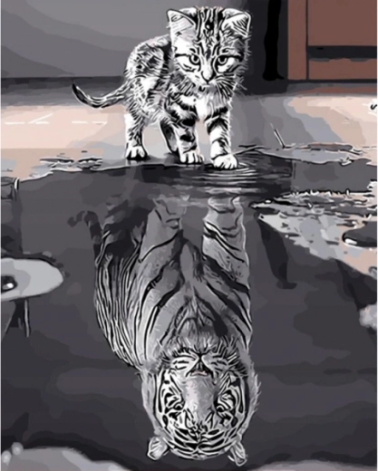 Ricamo con diamanti (diamond painting) riflesso allo specchio – gattino e tigre - 1 pezzo