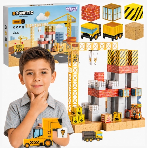 Woopie cubi magnetici 165 pz – set da cantiere con gru ed escavatore 3D
