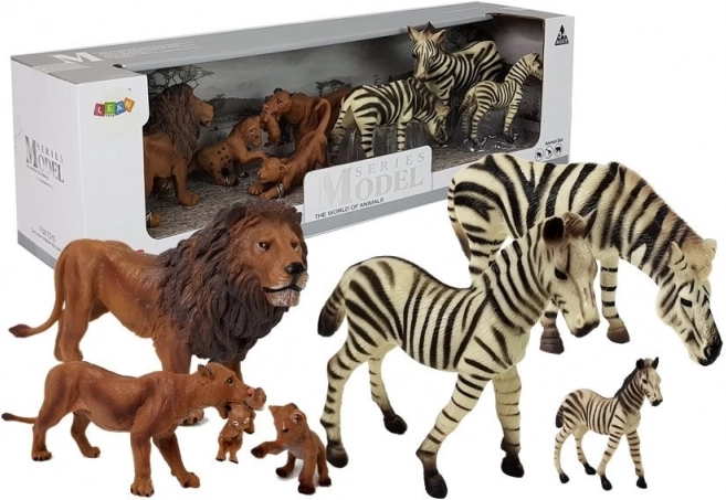 set di figurine africa – animali selvatici: famiglia di leoni e zebre