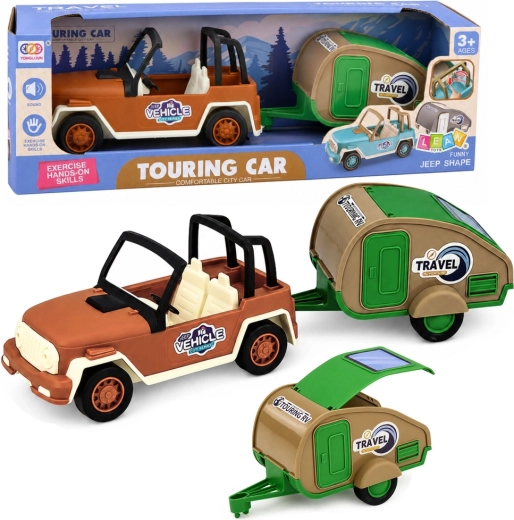 Auto fuoristrada con caravan con effetti sonori (set verde-marrone)