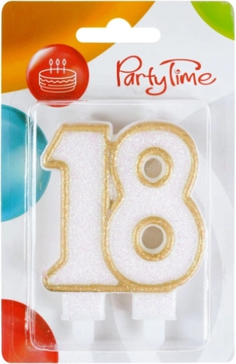 Candela per torta per 18° compleanno bianca con bordo dorato 7,5 cm